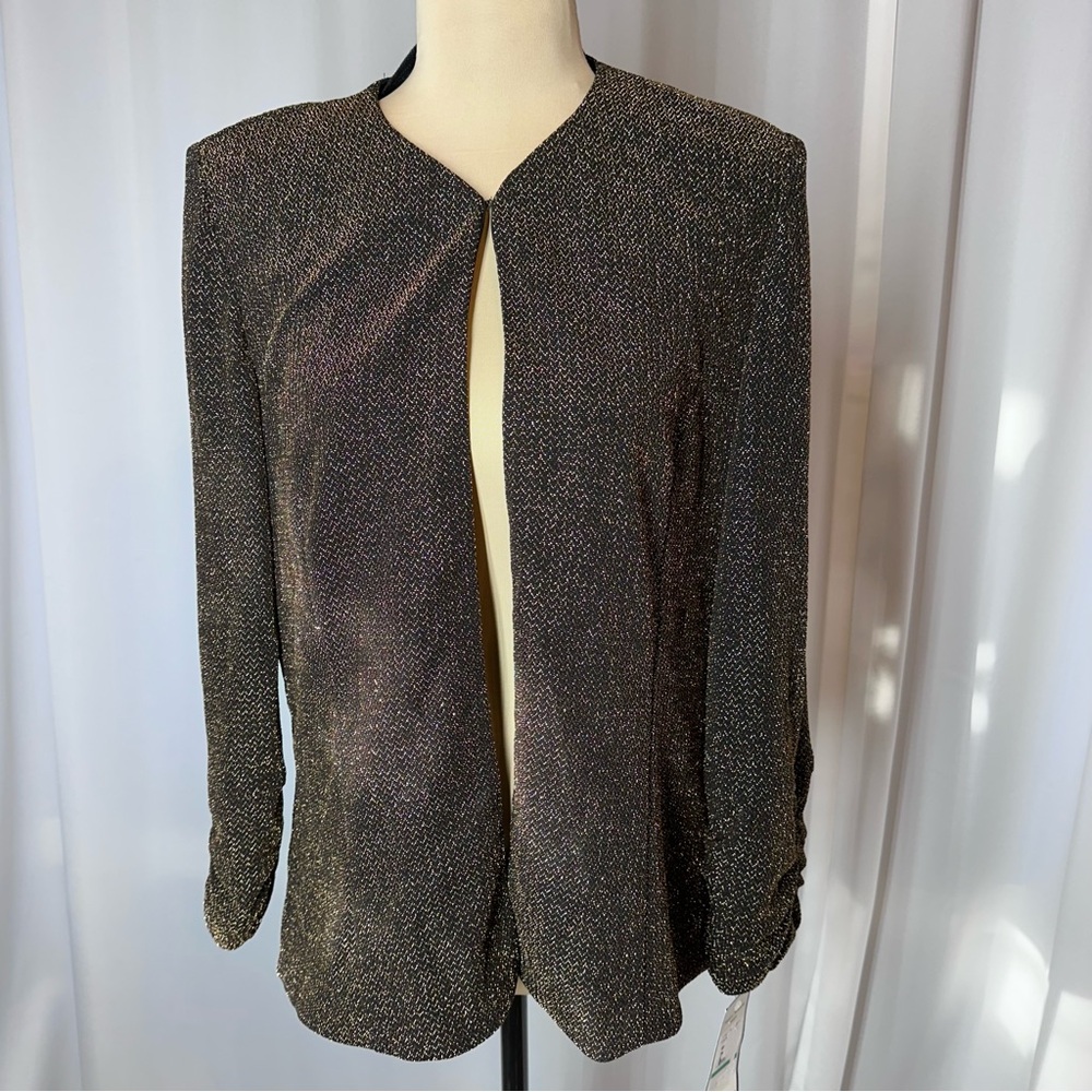 NWT Jessica Howard Jacket Bolero Cardigan Sz L Gold Metallic Knit Ruched Sleeve